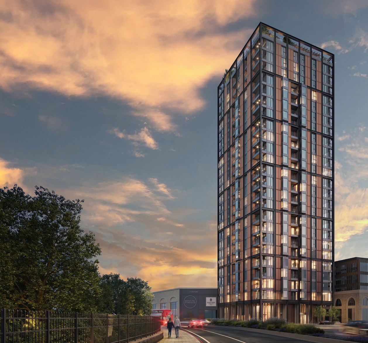 The HiLight Battersea, 24 katlı kule, akşam görünümü