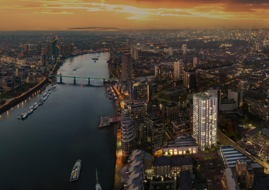 The HiLight Battersea ve Thames nehri kuşbakışı görünümü