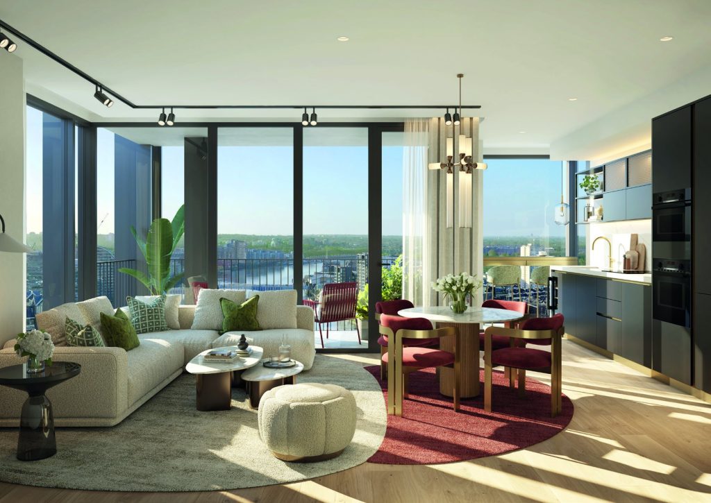 The HiLight Battersea dairesinde açık plan salon ve yemek alanı