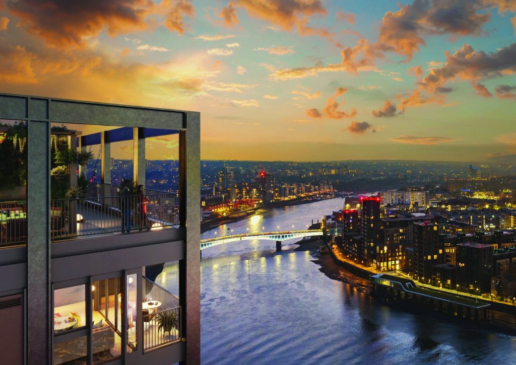 The HiLight Battersea dairesinden Thames nehri ve Londra manzarası